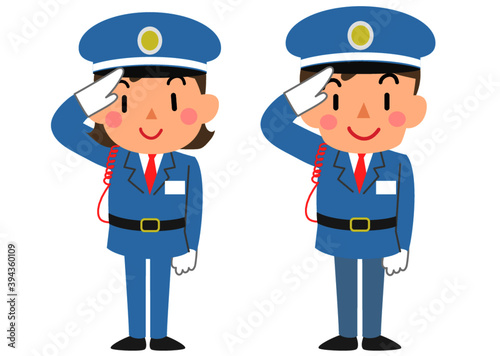 敬礼する警備員の女性と男性