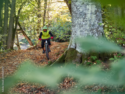 Rider on downhill mountain bike on trail in autumn forest