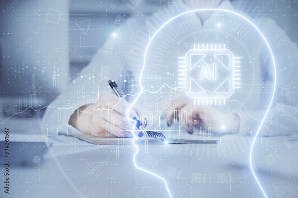 Multi exposure of writing hand on background with brain hologram. Concept of self learning. Multi exposure of writing hand on background with brain hologram. Concept of self learning.