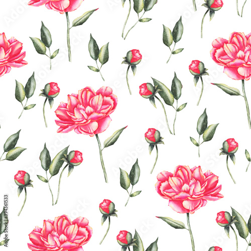 Seamless pattern with flowers, pink peonies and buds, watercolor.