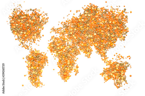 Mixed dry organic cereal and grain seed put in world map shape on white background consisted of buckwheat, lentils, soybean, and golden flax seed