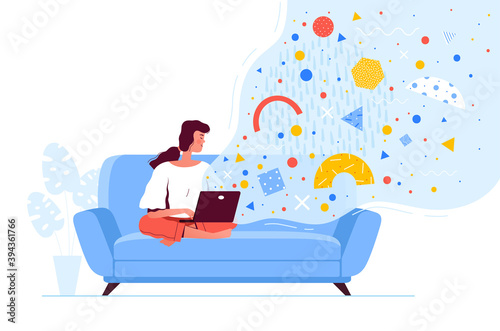 Young woman is sitting with a laptop on the couch and with flying abstract shapes. Concept of mobility, remote work, internet accessibility and modern media