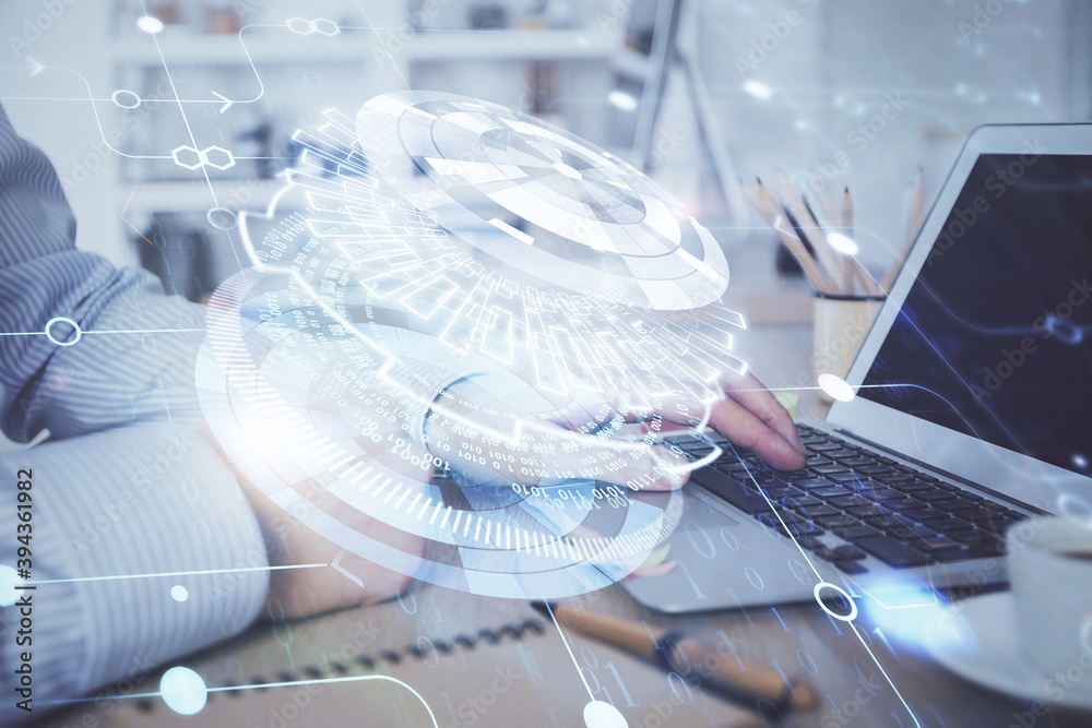 Businessman working on Laptop with technology theme drawing. Concept of big data. Double exposure. Businessman working on Laptop with technology theme drawing. Concept of big data. Double exposure.