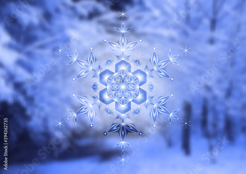 Complex crystal geometric snowflake on background with winter frozen forest. Sacred geometry and holiday vector design for christmas and new year mood. Visionary mandala for yoga and meditation.