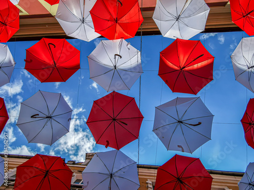 Red and white umbrellas