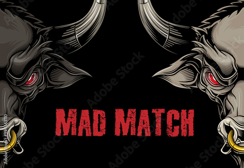 Mad Match banner design. Vector illustration in stylish engraving technique of two opposite angry bull heads with golden rings in noses. 