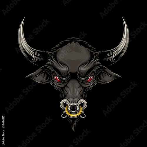 Black bull head mascot. Vector illustration in stylish engraving technique of bull head with ring in nose. Isolated on black background.
