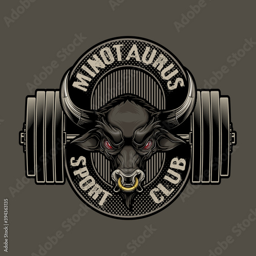 Minotaurus sport club logo label. Vector illustration of bull head and dumbbells in engraving technique  with typography design elements. 