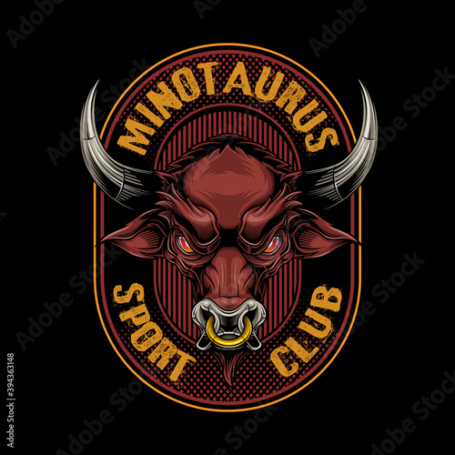 Minotaurus sport club logo label. Vector illustration of bull head in engraving technique with typography design elements. 
