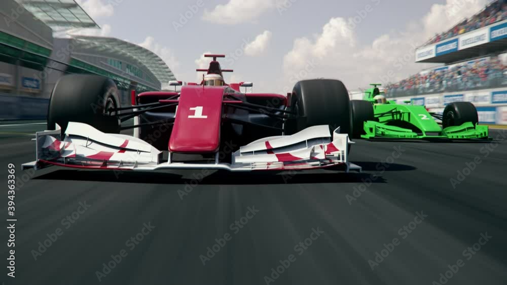 Green generic formula one race car is trying to overtake the leading car – dynamic front view camera - realistic high quality 3d animation - my own car design - no copyright/trademark infringement
