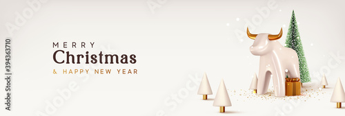 Christmas and New Year background. Porcelain white bull symbol of 2021. Xmas pine fir lush tree. Conical Abstract Christmas Trees. Bright Winter holiday composition. Greeting card, banner, web poster.