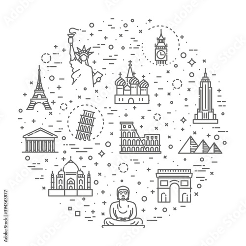 Travel landmarks line icon set