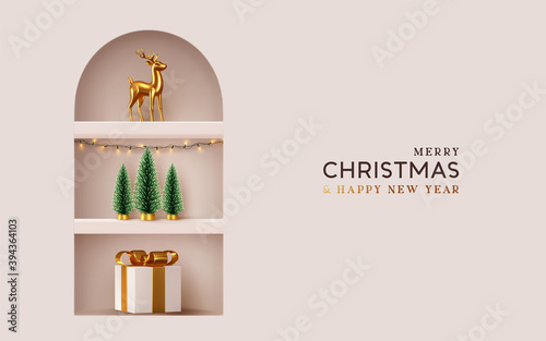 Merry Christmas and Happy New Year. Background shelf stand frame, realistic festive gifts box. Porcelain figurines of beautiful gold deer. Xmas pine fir lush tree. Holiday composition render 3d object