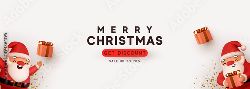 Christmas and New Year holiday. Background with realistic gift box, two red merry santa claus. greeting card, banner, horizontal poster, website header. Xmas decorative. Get discount, Sale up to 70%.