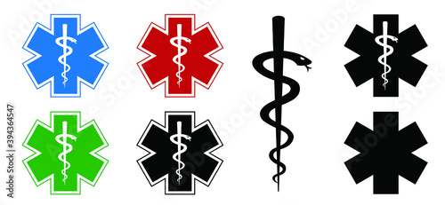 Star of life. Emergency medical services or technician paramedic. Staff of Asclepius or Caduceus, medical logo. Esculapsign icon. Health or medicine symbol snake. Flat vector symbol. Red, green, blue.