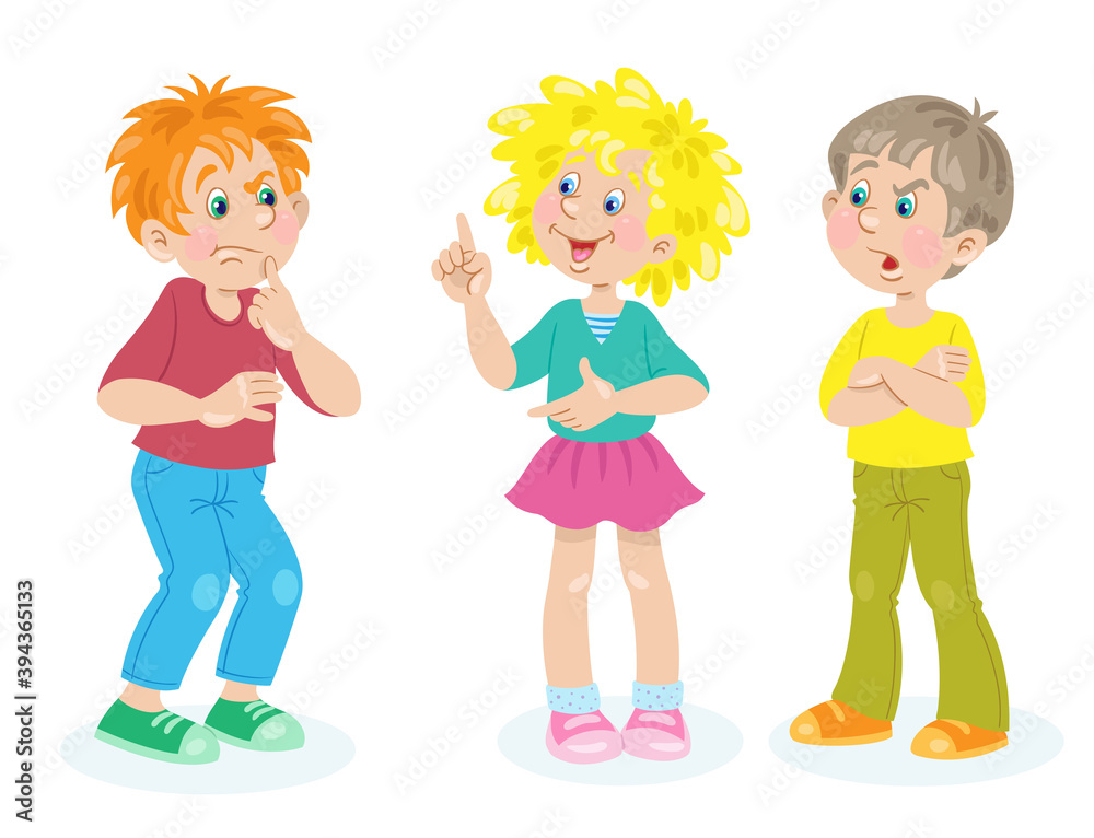 A cute girl and two boys are talking. In cartoon style. Isolated on white background. Vector flat illustration.