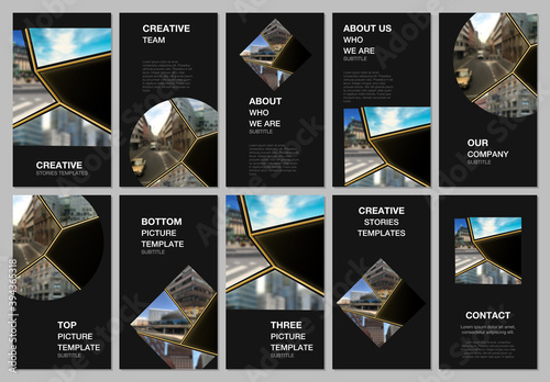 Social networks stories design, vertical banner or flyer templates. Covers design templates for flyer, leaflet, brochure cover, banner. Black and golden project with clipping mask for your photo.