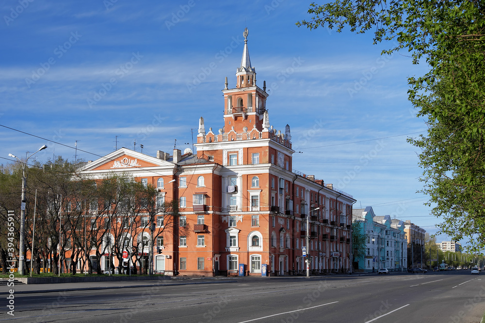 Obraz premium The Building with Spire, the symbol of Komsomolsk-on-Amur, Far East, Russia