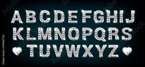 White gold, silver alphabet with heart shaped diamonds. Letters A to Z in realistic style vector illustration.