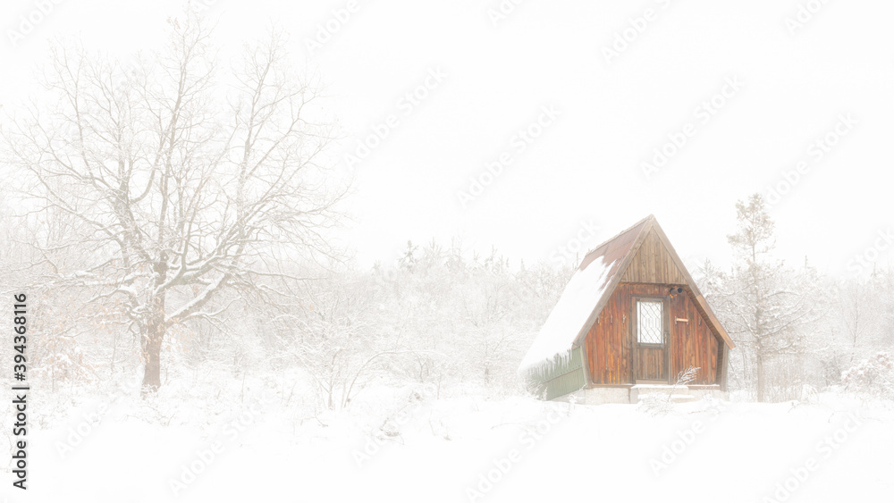 Winter and foggy landscape with abandoned barn. Winter and foggy landscape with abandoned barn.
