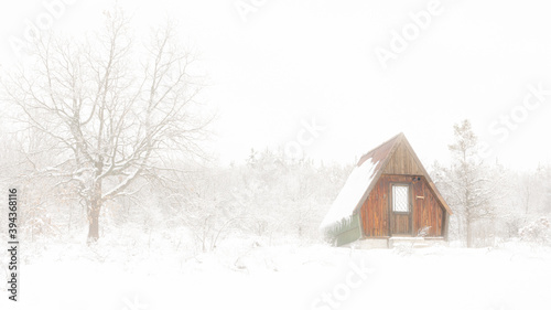Winter and foggy landscape with abandoned barn. © Bratislav Kostic