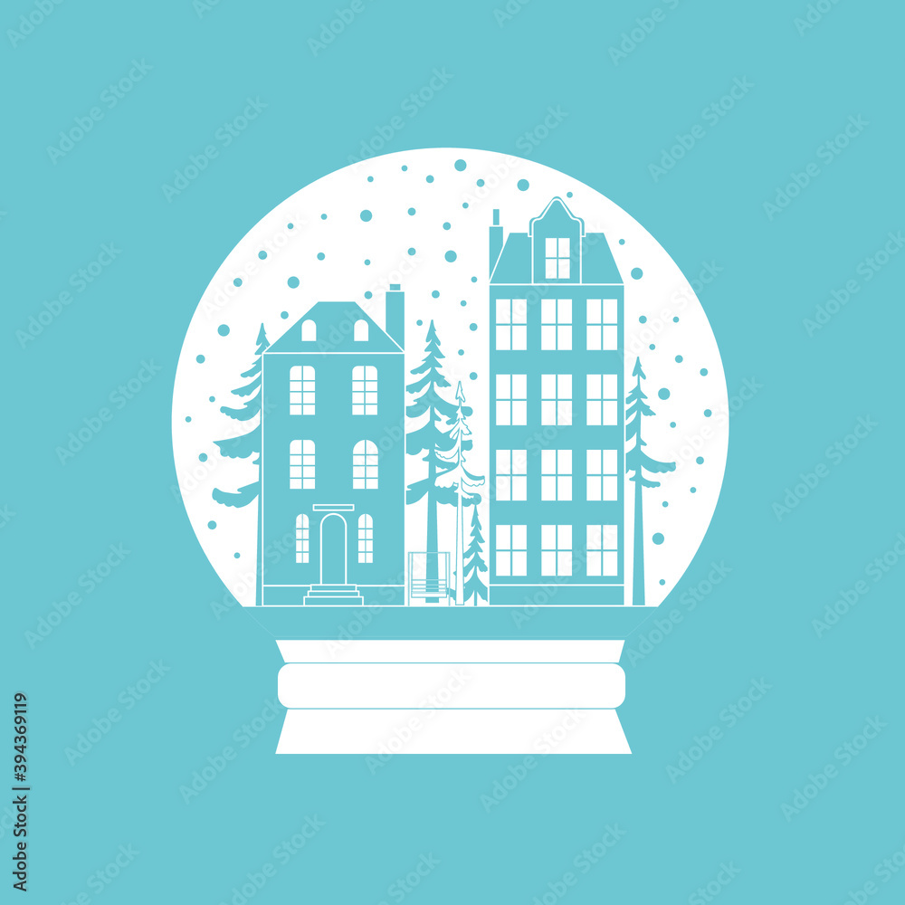 Vector image of a snow globe. Snow-covered city in a snow globe ...