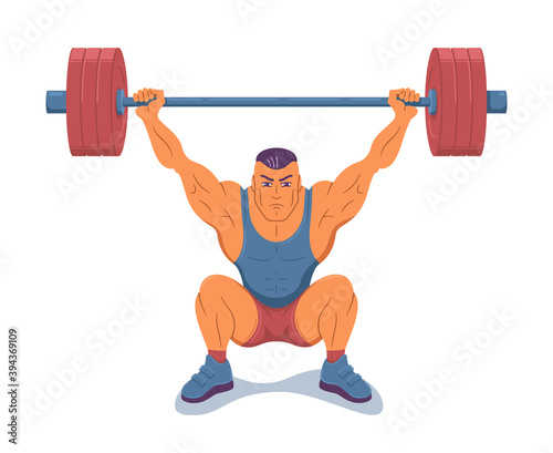 Strong muscular weightlifter lifting barbell. Illustration of weightlifting snatch execution. On white background