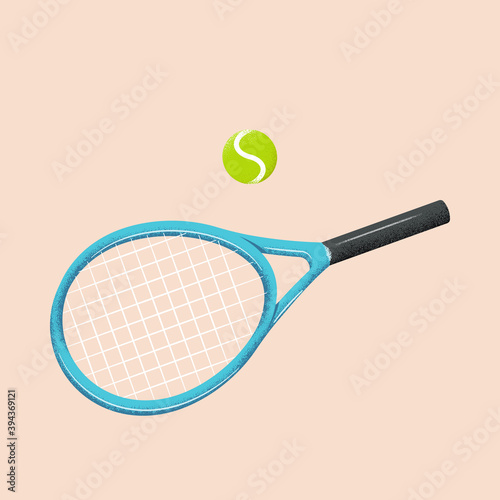 Stylized  illustration of tennis racquet with ball. Isolated on pale orange background