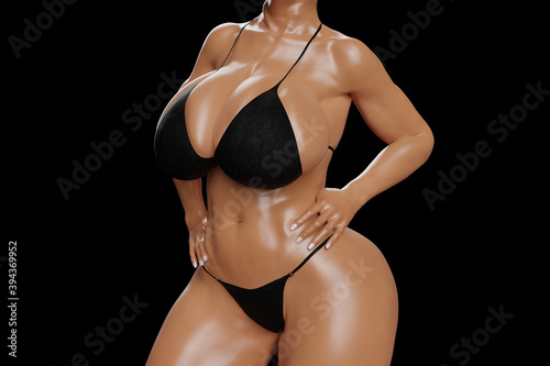 Sexy young woman with big boobs posing in a black bikini