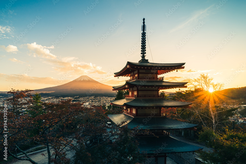 Mt. Fuji with Chureito Pagoda in the autumn on sunset at Fujiyoshida, Japan.