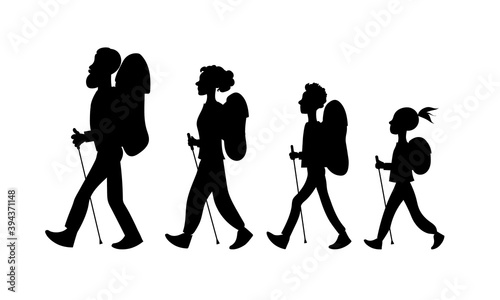 Family go camping with backpacks. Tourism. Vector silhouette illustration.