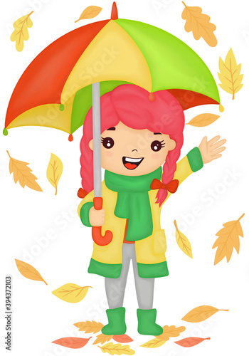 blittle girl cheerful with umbrella autumn leaves colored happy baby illustration character picture photo