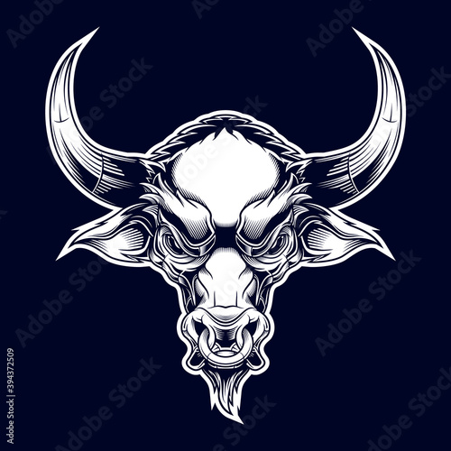 Bull head. Vector illustration in stylish engraving technique of bull head with ring in nose. Isolated on black background.