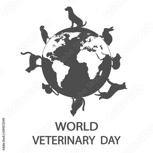 Illustration of World Veterinary Day. Pets on the background of the globe.