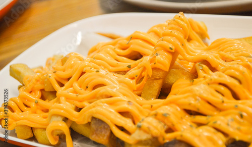 French fries topped with cheese line and oregano on white plate.