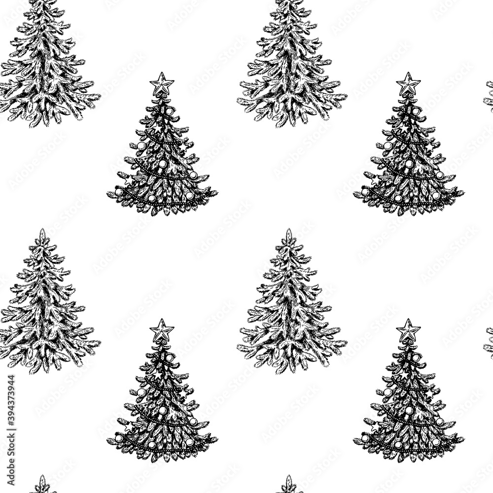 Obraz premium Christmas seamless pattern with hand drawn decorated fir trees isolated on white background. Design element for Christmas cards, invitations, decorations, wrapping paper, textile. 