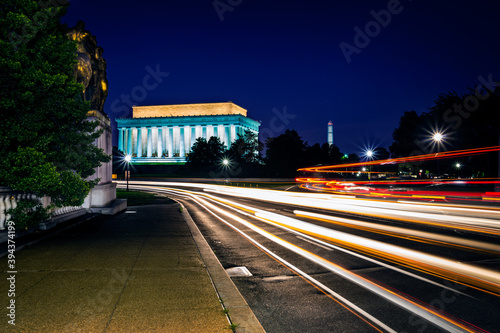Lincoln Memorial at night. Seen from Memorial Bridge, Washington DC, USA. Long exposure photography.