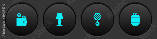 Set Wallet with coin, Table lamp, Industrial hook and Propane gas tank icon. Vector.
