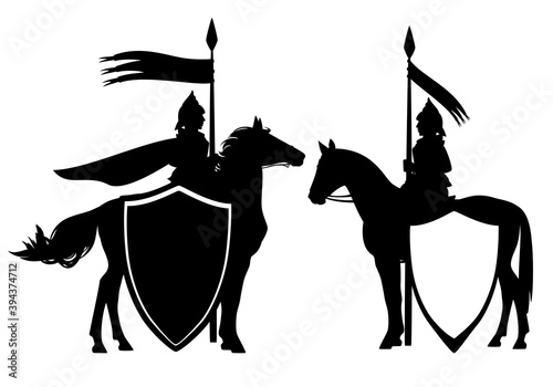medieval style fantasy knight hero with horse and banner - black and white vector guard heraldic design set