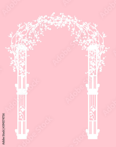 white vector silhouette of elegant entrance arch decorated with blooming sakura tree branches for wedding design