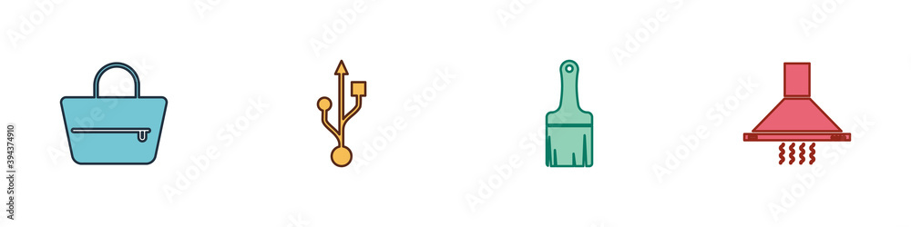 Set Handbag, USB, Paint brush and Kitchen extractor fan icon. Vector. Set Handbag, USB, Paint brush and Kitchen extractor fan icon. Vector.