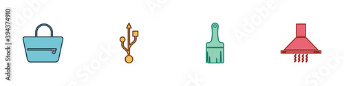 Set Handbag, USB, Paint brush and Kitchen extractor fan icon. Vector.