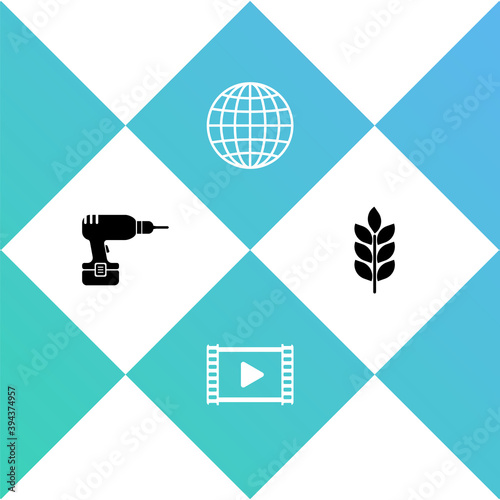 Set Drill machine, Play Video, Earth globe and Wheat icon. Vector.
