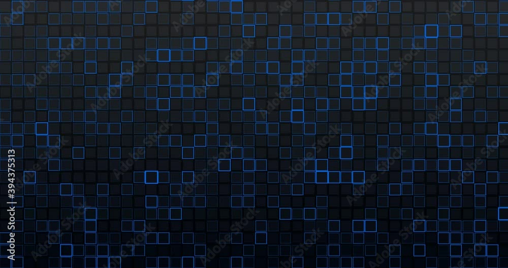 Abstract mosaic of gray gradient squares with blue square contours on dark gray background