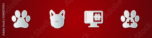 Set Paw print, Dog, Clinical record pet on monitor and Veterinary clinic icon. Vector.