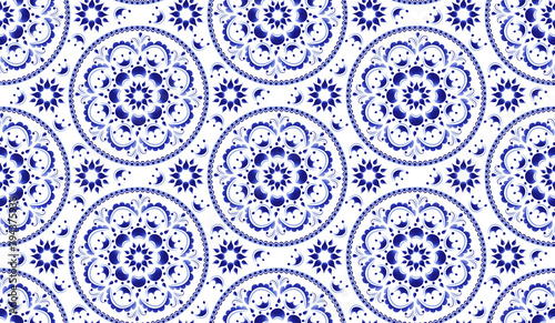 Seamless floral stylized pattern made in the technique of Russian folk art Gzhel.	