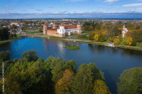 Aerial view of ancient Mir castle in Minsk region, Belarus.