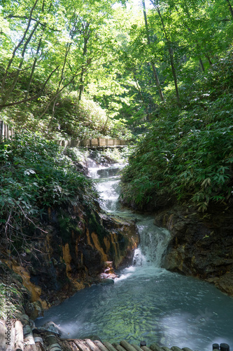 The hot water of the Oyunuma River from hot springs in Noboribetsu  Japan