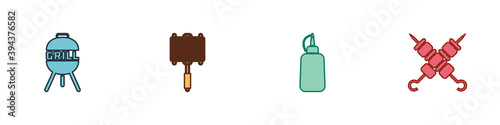 Set Barbecue grill, steel grid, Mustard bottle and Grilled shish kebab icon. Vector.