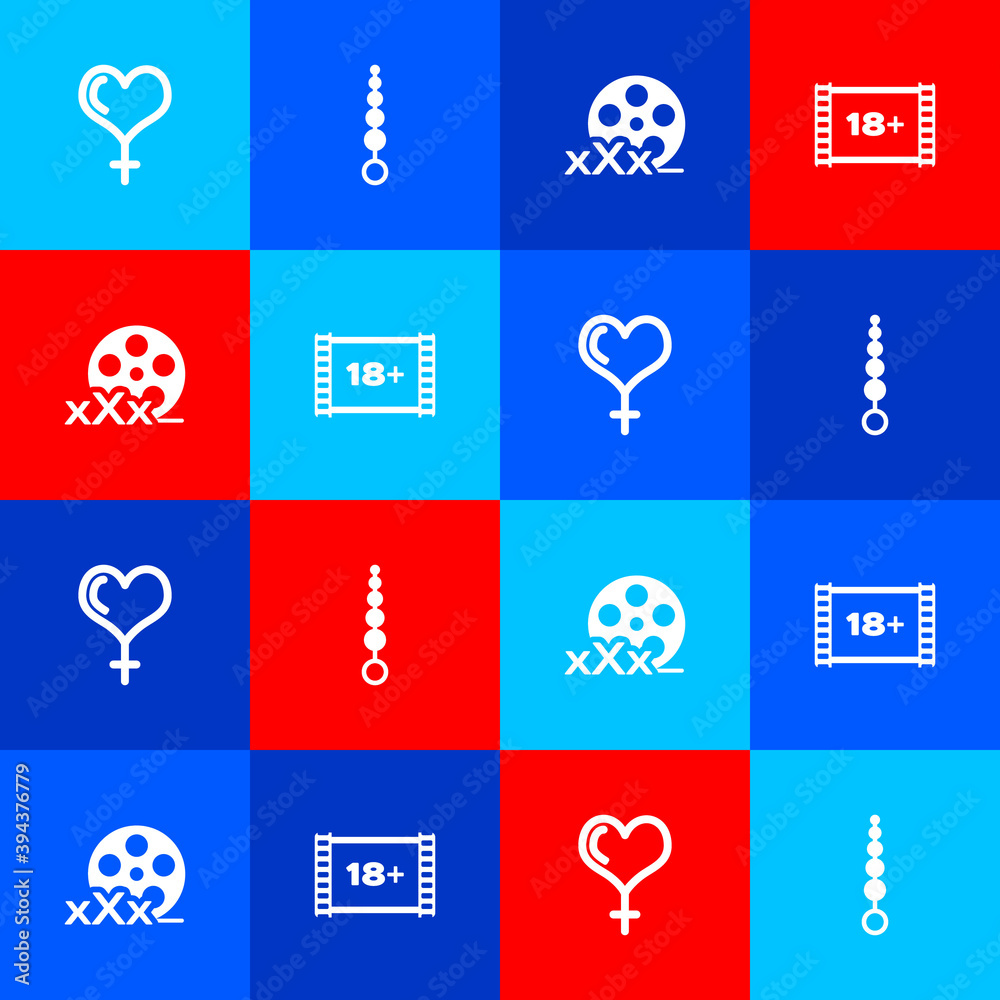 Set Female gender and heart, Anal beads, Film reel with Sex and Play Video  18 plus icon. Vector. Stock Vector | Adobe Stock